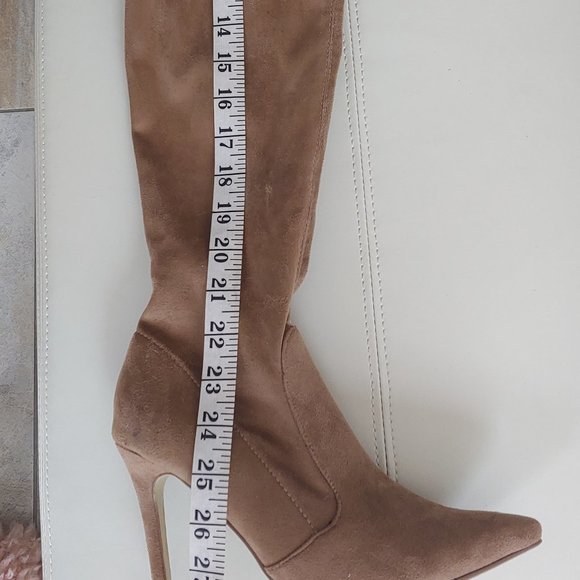 Over The Knee Tan Faux Suede Stiletto Heel Boots - Picture 2 of 9